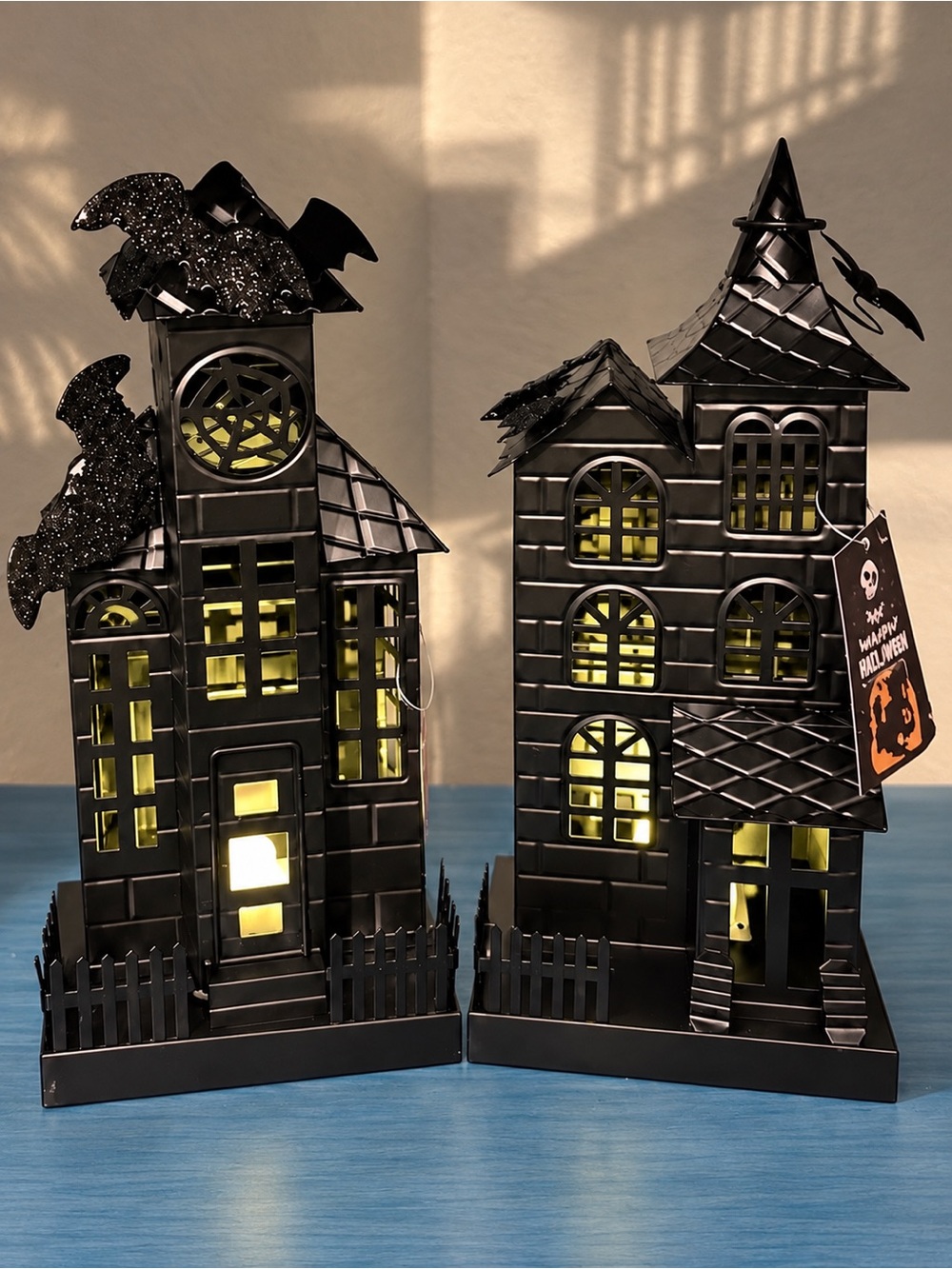 Halloween Light Up Metal Haunted House Set of 2 Gothic Village Decor NEW